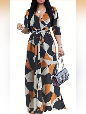 NWT Women’s Black Multi Color Abstract Print Maxi Dress with Pockets Size Small